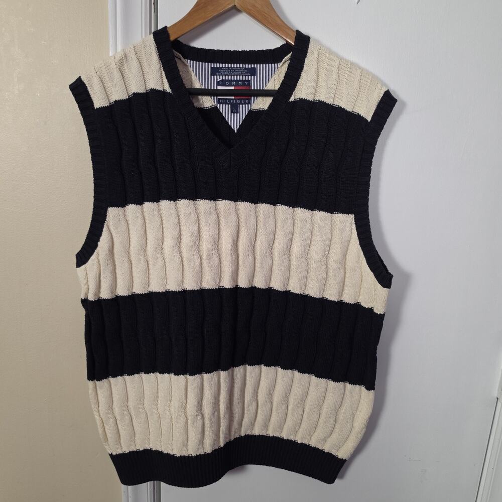 Vintage Tommy Hilfiger Navy Stripe Cable Knit Sweater Vest Fisherman Mens Large